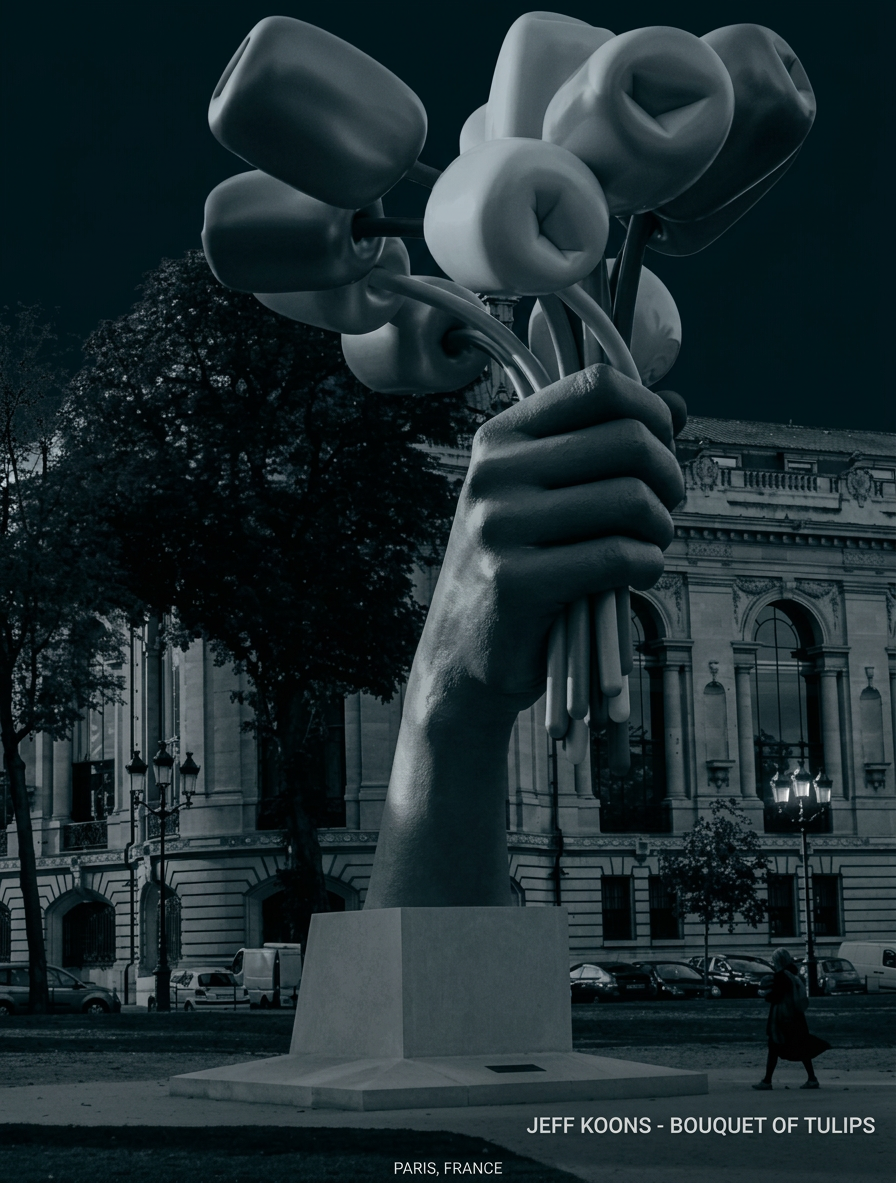 Skulptur einer Hand, die mehrere Blumen hält, vor einem historischen Gebäude.